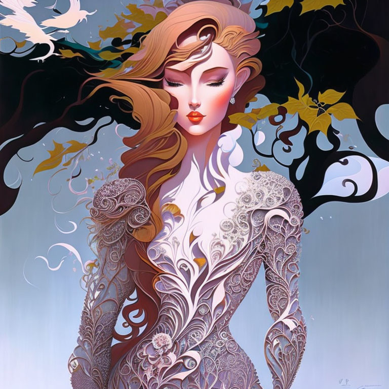 Stylized woman with flowing hair and ornate dress in vibrant colors