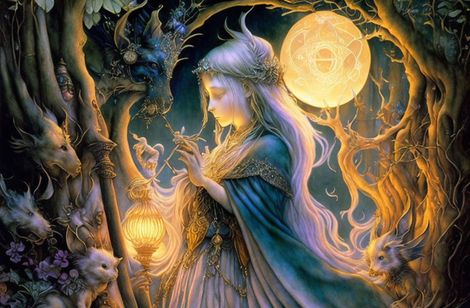 Ethereal woman in blue cloak in enchanted forest with mystical creatures and glowing lantern