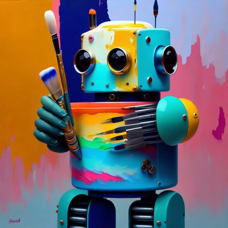 Colorful robot paintbrush holder with brushes on vibrant paint-smeared background