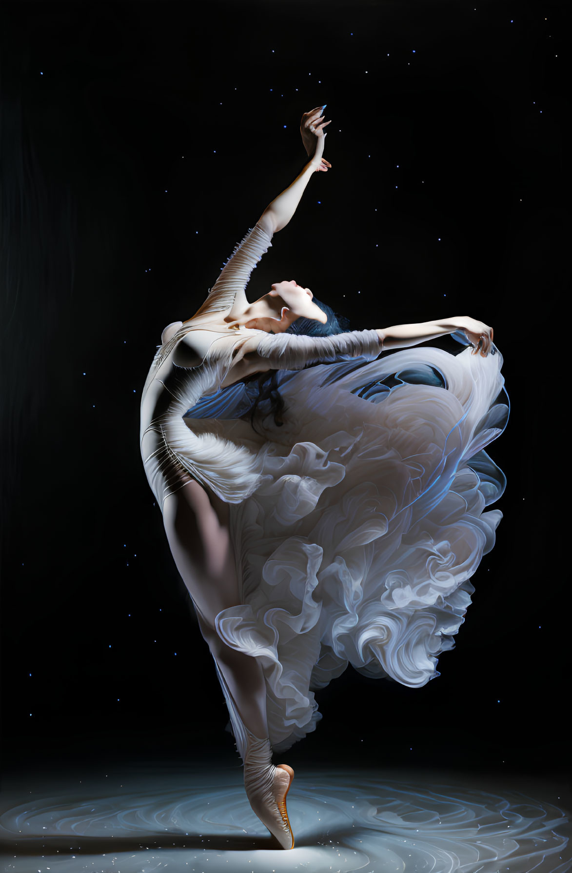 Elegant ballerina in swirling white dress against dark backdrop