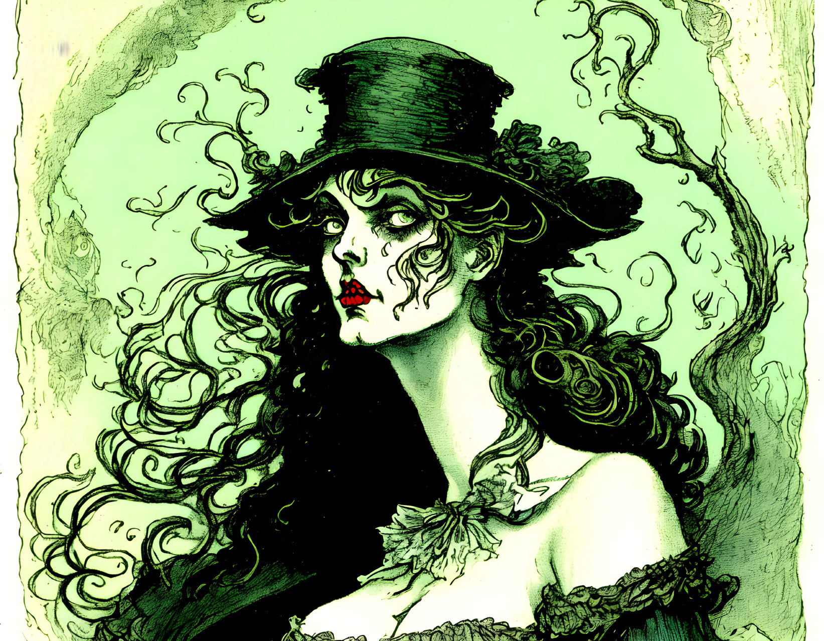 Pale-skinned woman with dark hair and gothic makeup in top hat, staring intensely in swirling green