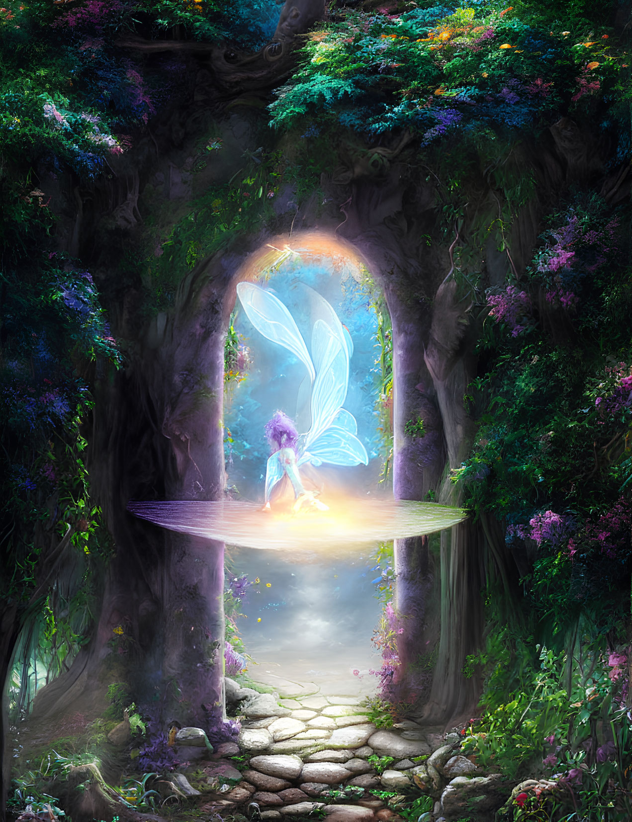 Translucent-winged fairy in enchanted forest setting