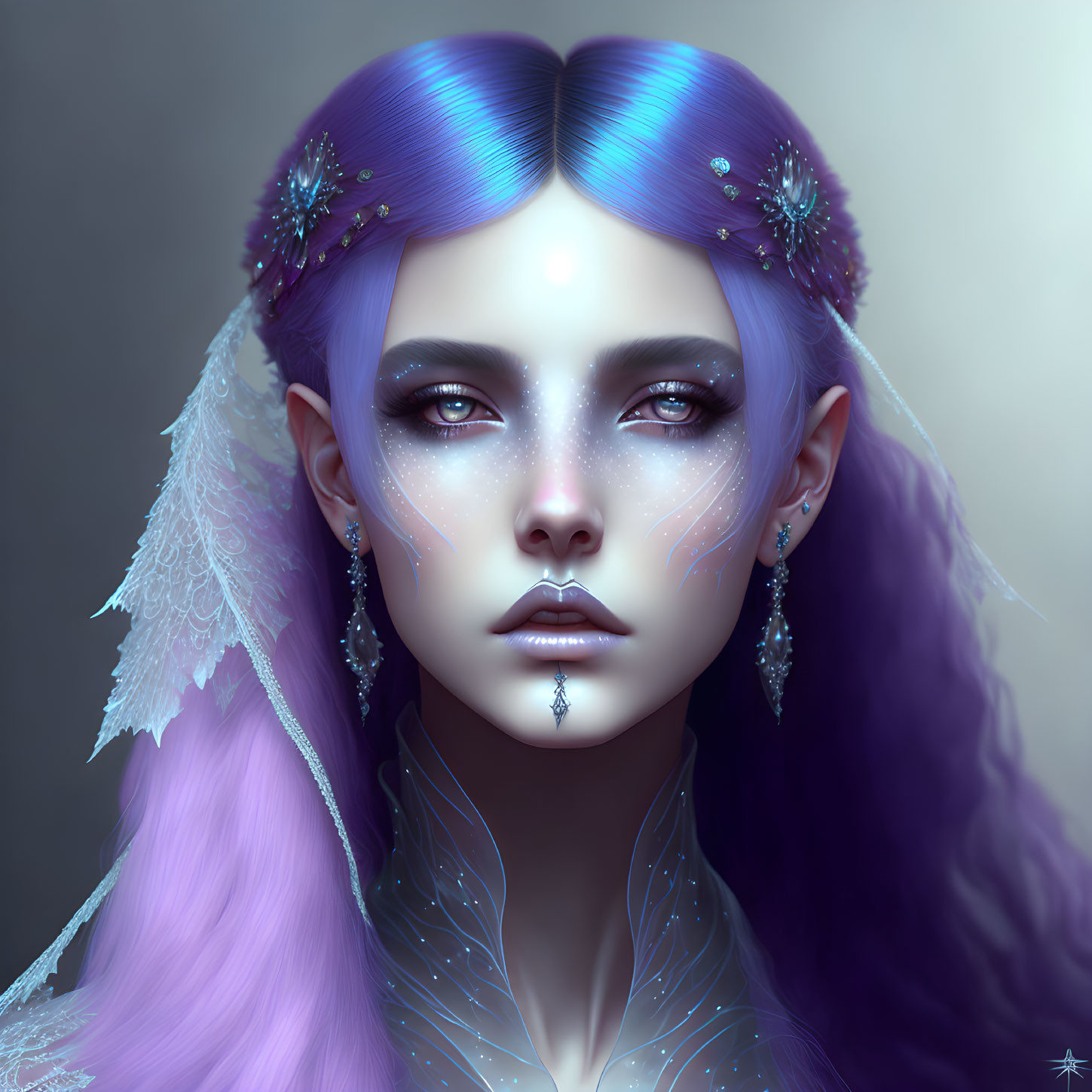 Fantasy digital portrait: Female with violet hair, sparkling adornments, pale complexion.