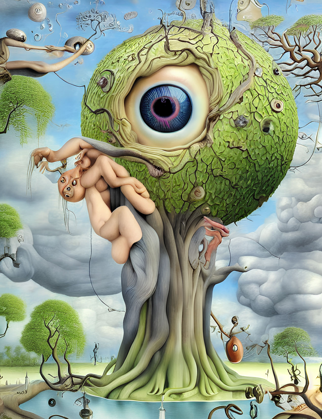 Surreal artwork: tree with giant eye, entwined figures, snails, whimsical