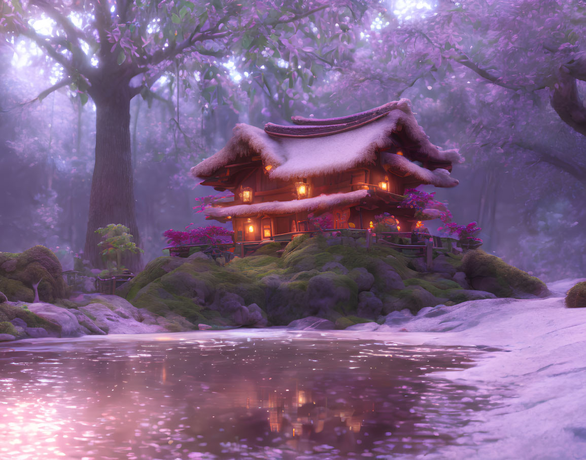 Traditional Thatched Cottage Amid Cherry Blossoms at Twilight