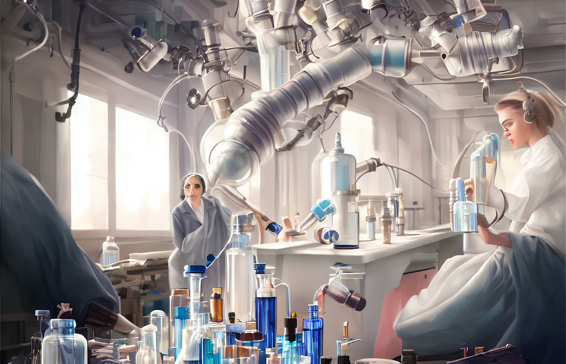 Futuristic laboratory scene with two individuals conducting scientific research