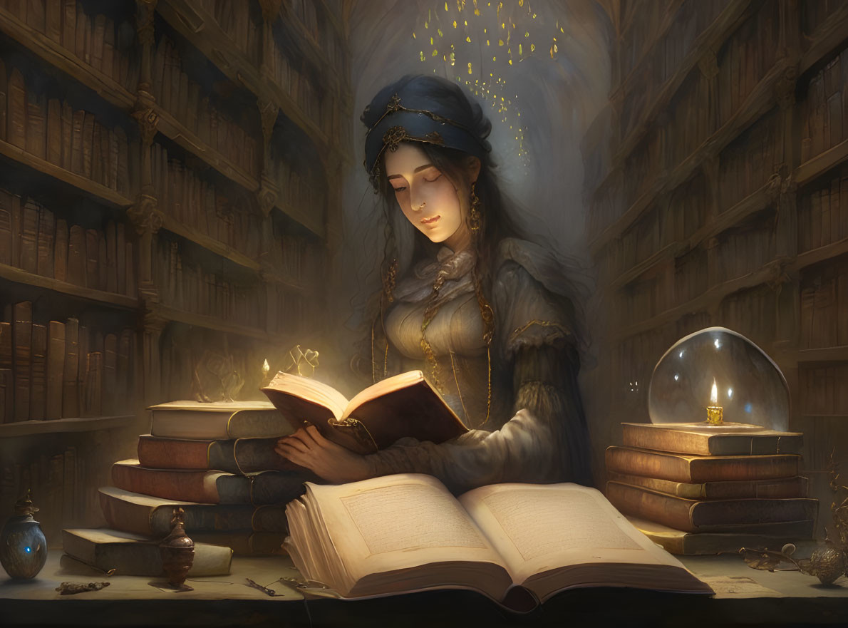 Medieval woman reading in candlelit library with old tomes and artifacts