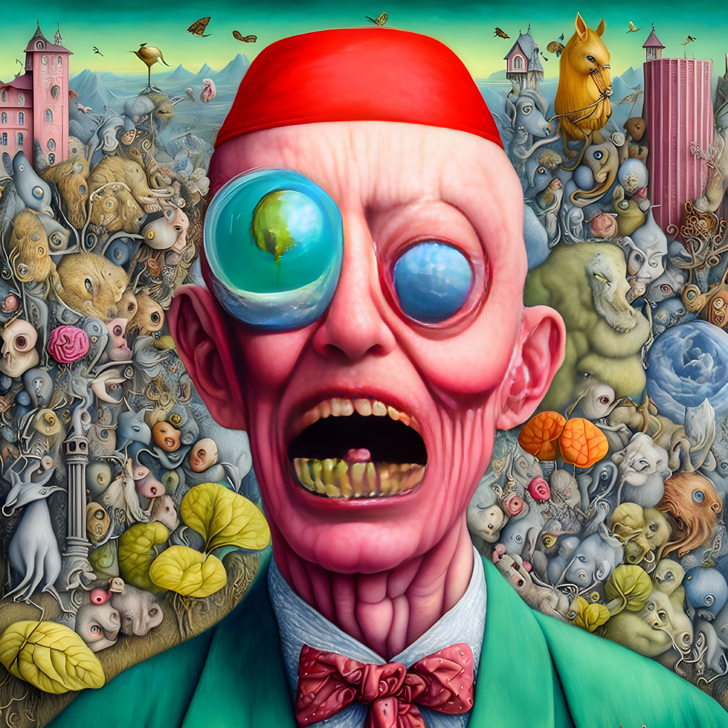 Surreal illustration: caricatured man with magnified eye and red hair amidst chaotic animals &