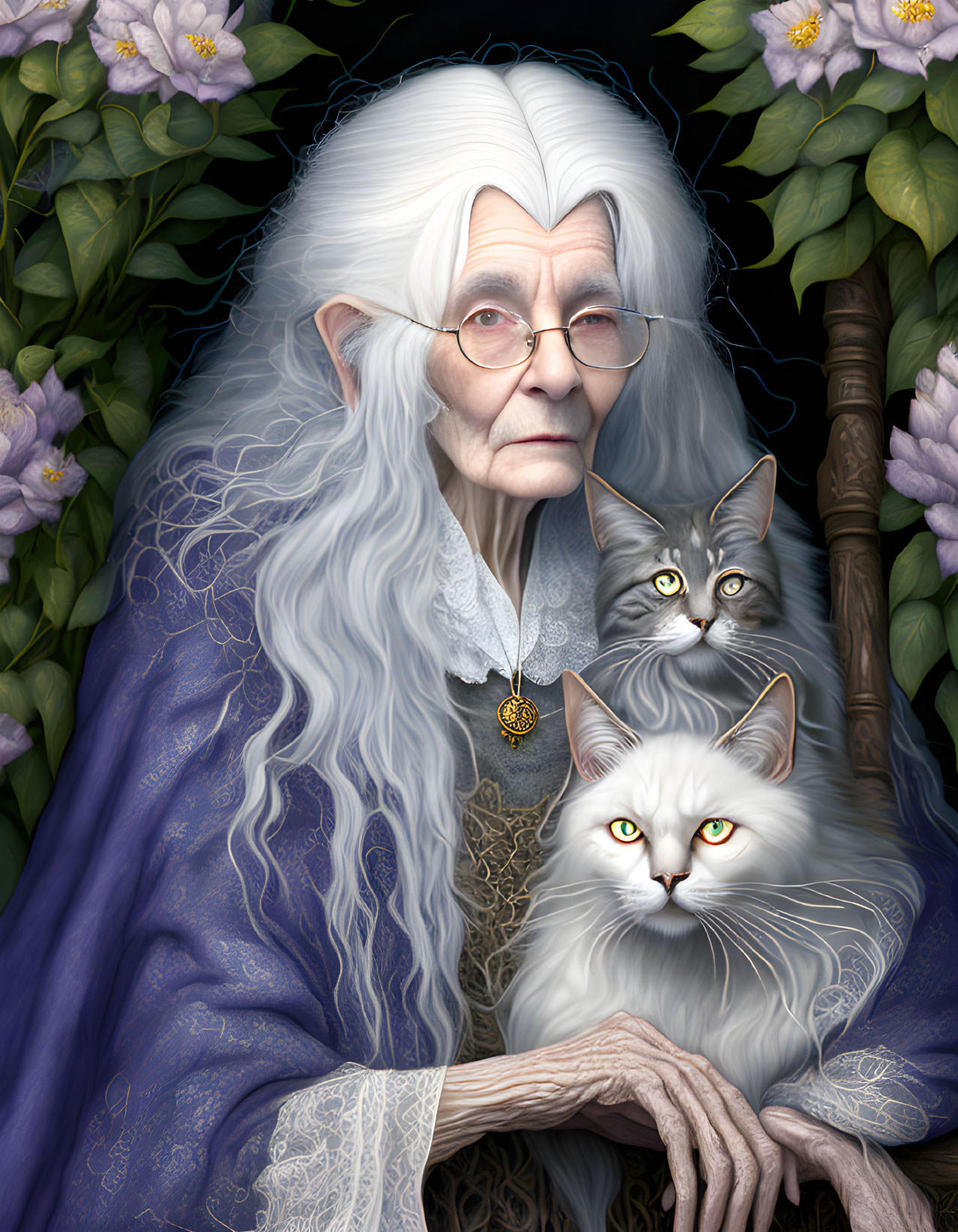 Elderly person with white hair and spectacles holding two cats among blooming flowers