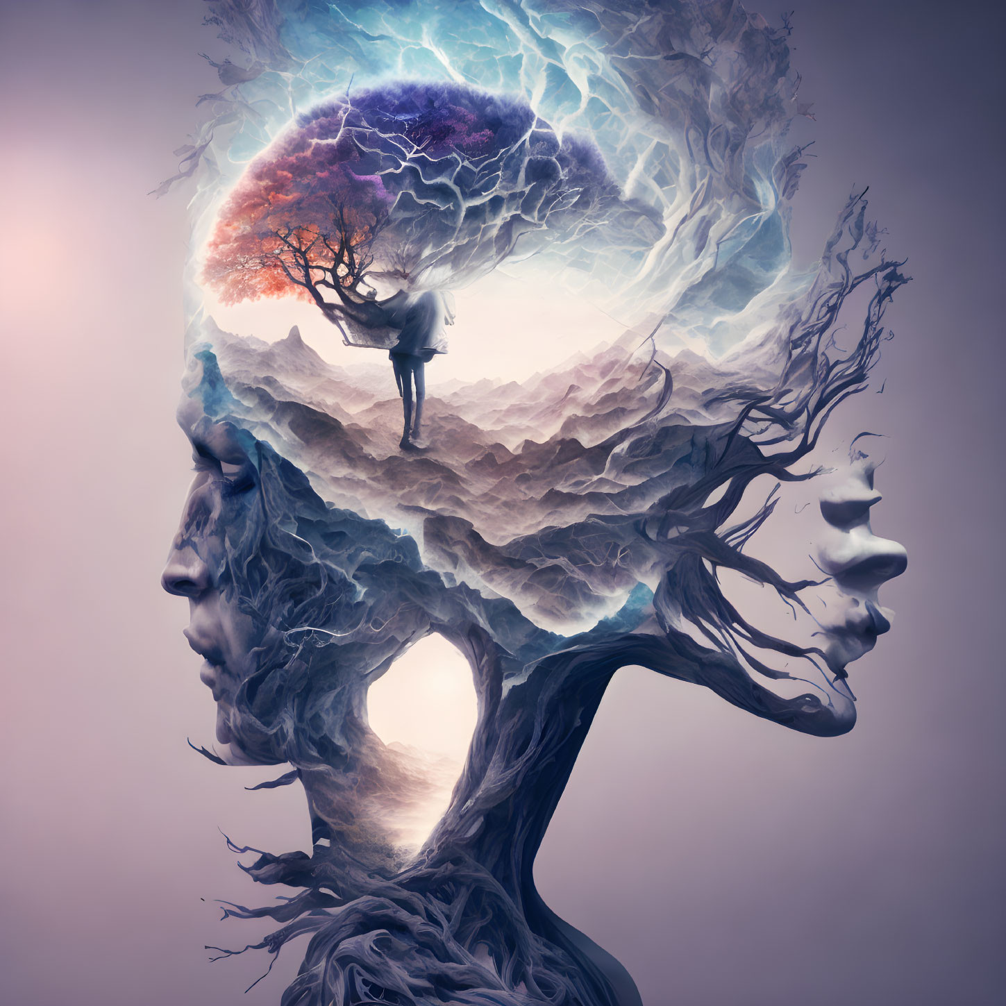 Surreal artwork of human profile tree with brain-like canopy