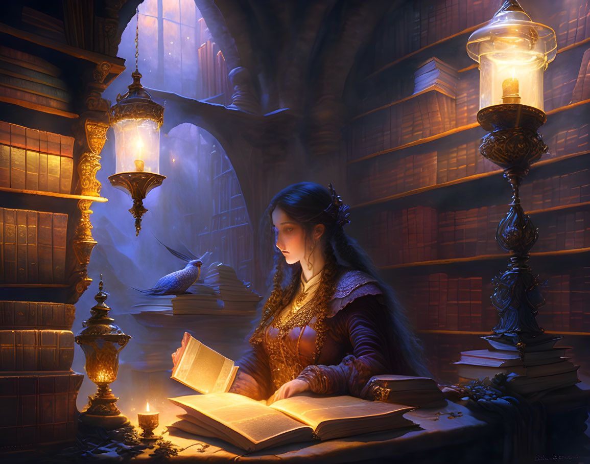 Woman reading book in grand, dimly-lit library with towering bookshelves, lantern, and