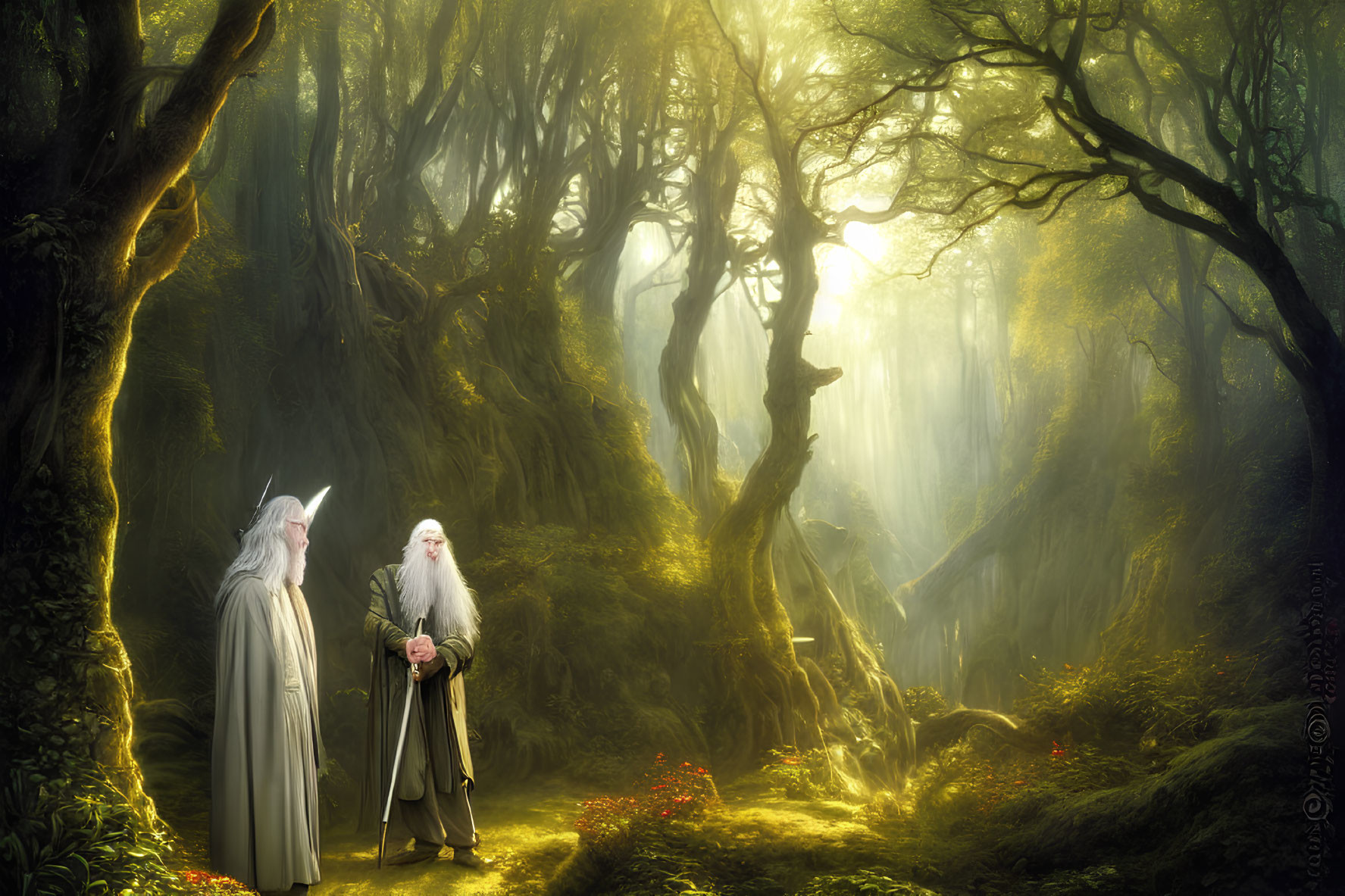 Enchanted sunlit forest scene with two wizards in white robes