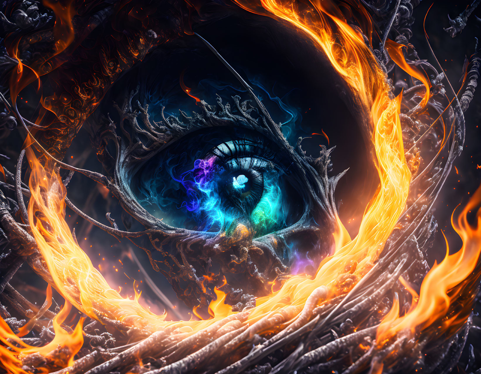 Detailed Fantasy Image: Blue Eye in Flames Surrounded by Dark Branches