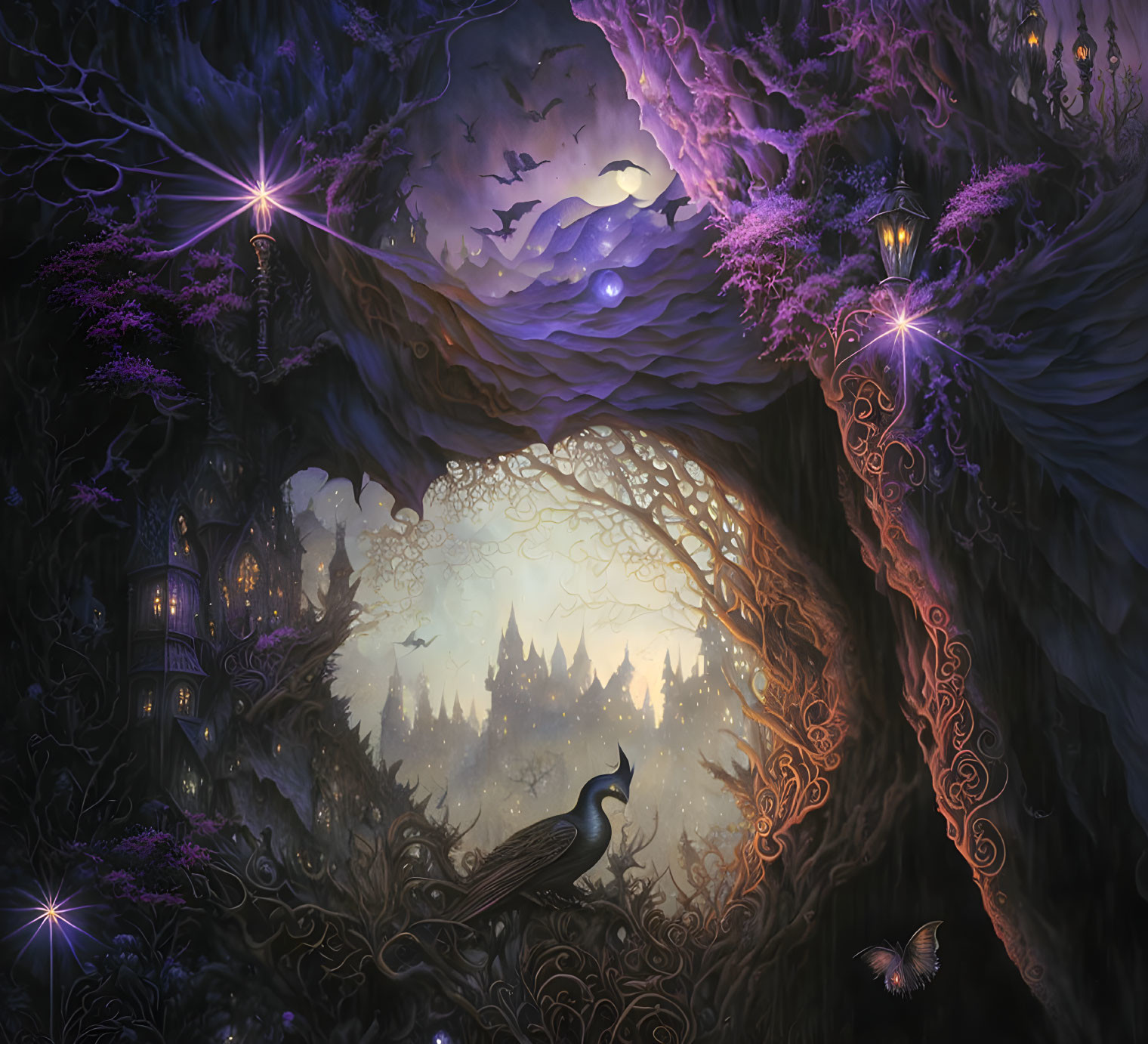 Enchanting dusk scene: mystical forest with glowing lights, purple foliage, peacock, misty