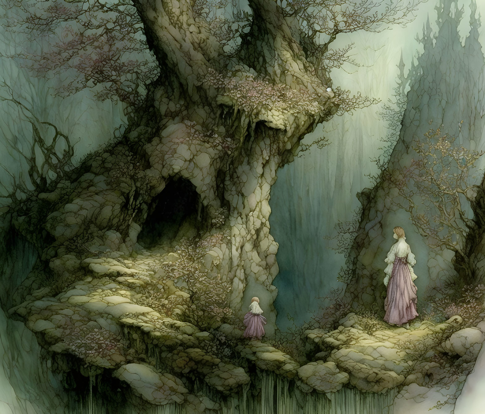 Ethereal artwork: two figures in period dresses by mystical tree & misty waterfall