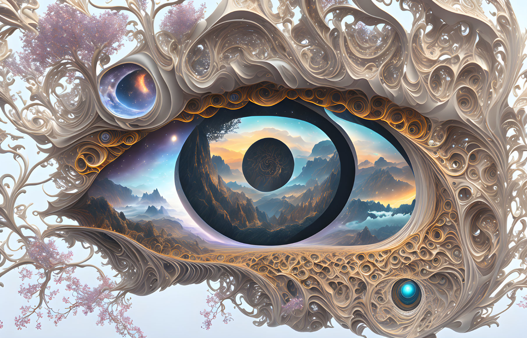 Fractal eye with cosmic, cherry blossom, and mountain landscape elements