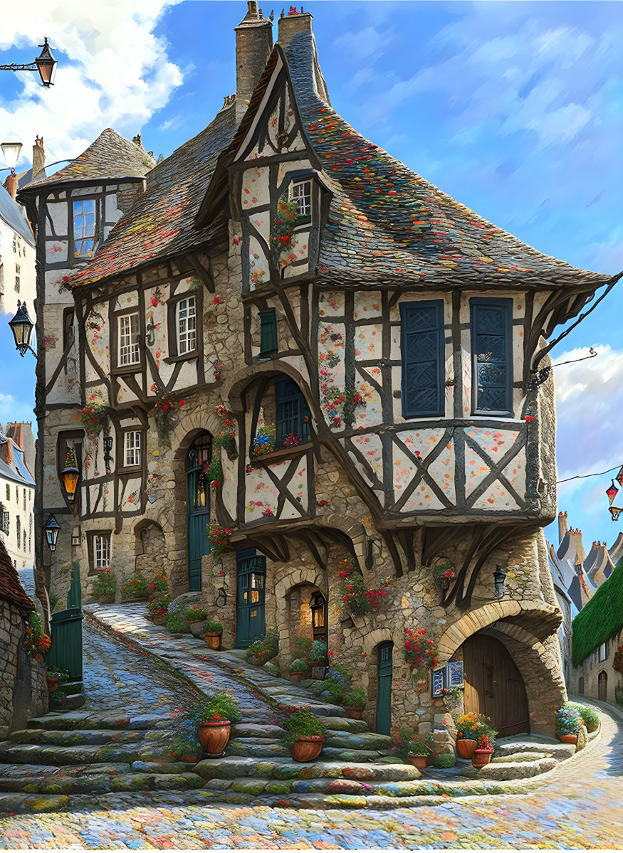 Medieval stone house with timber framing, flowers, plants on cobblestone street.