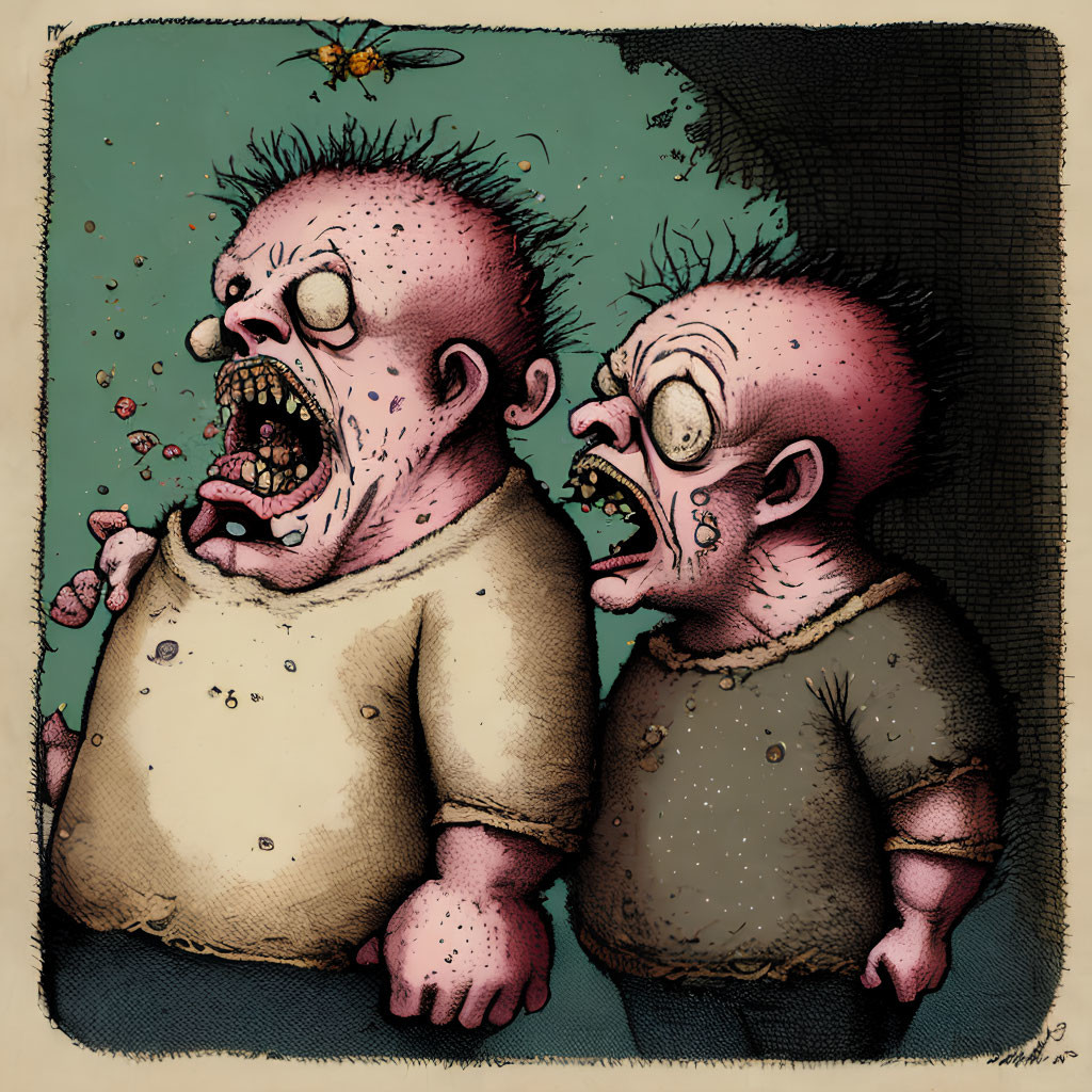 Grotesque cartoon figures with bug and horror expressions