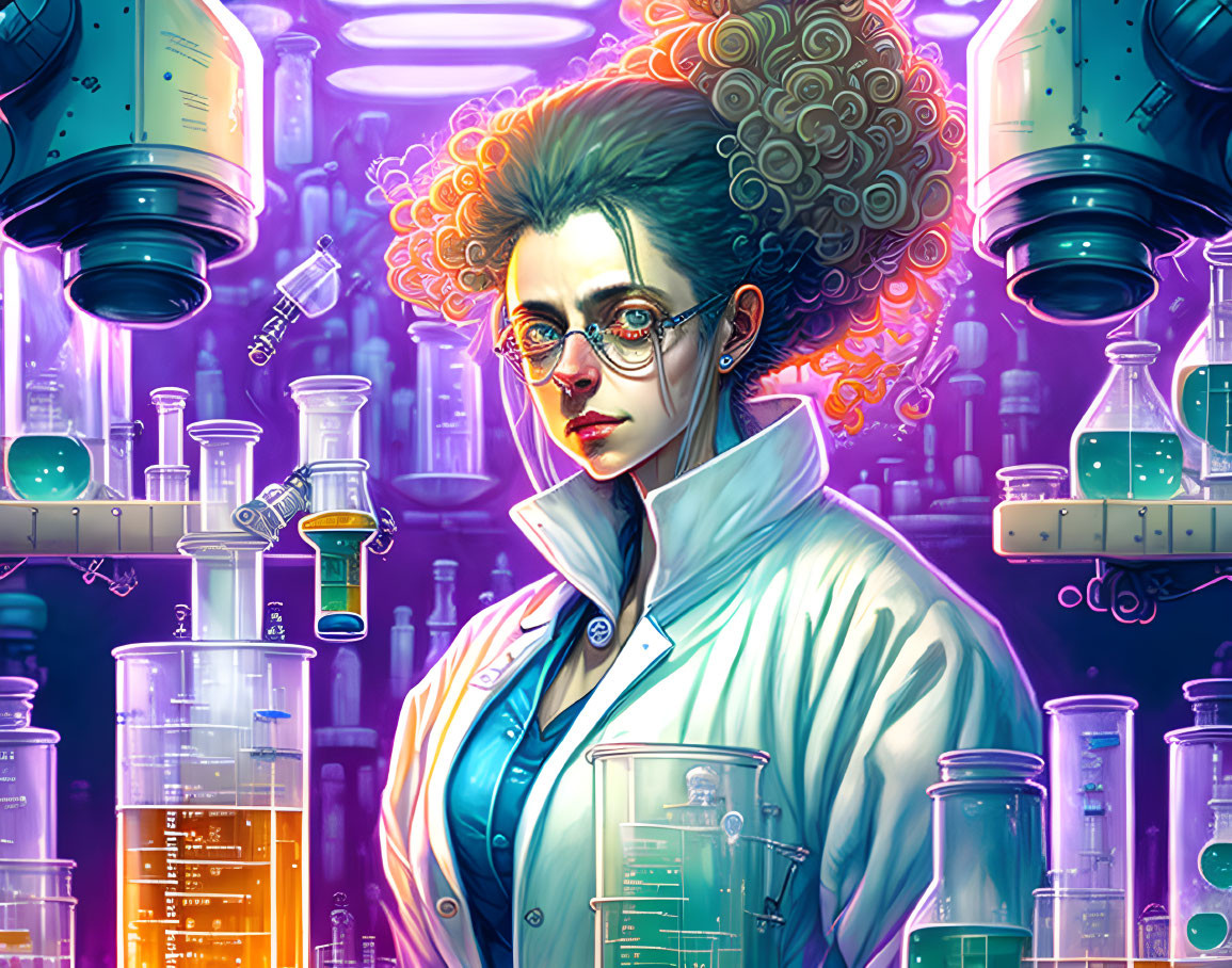 Colorful illustration: Woman with curly hair, glasses, lab coat, surrounded by scientific flasks.