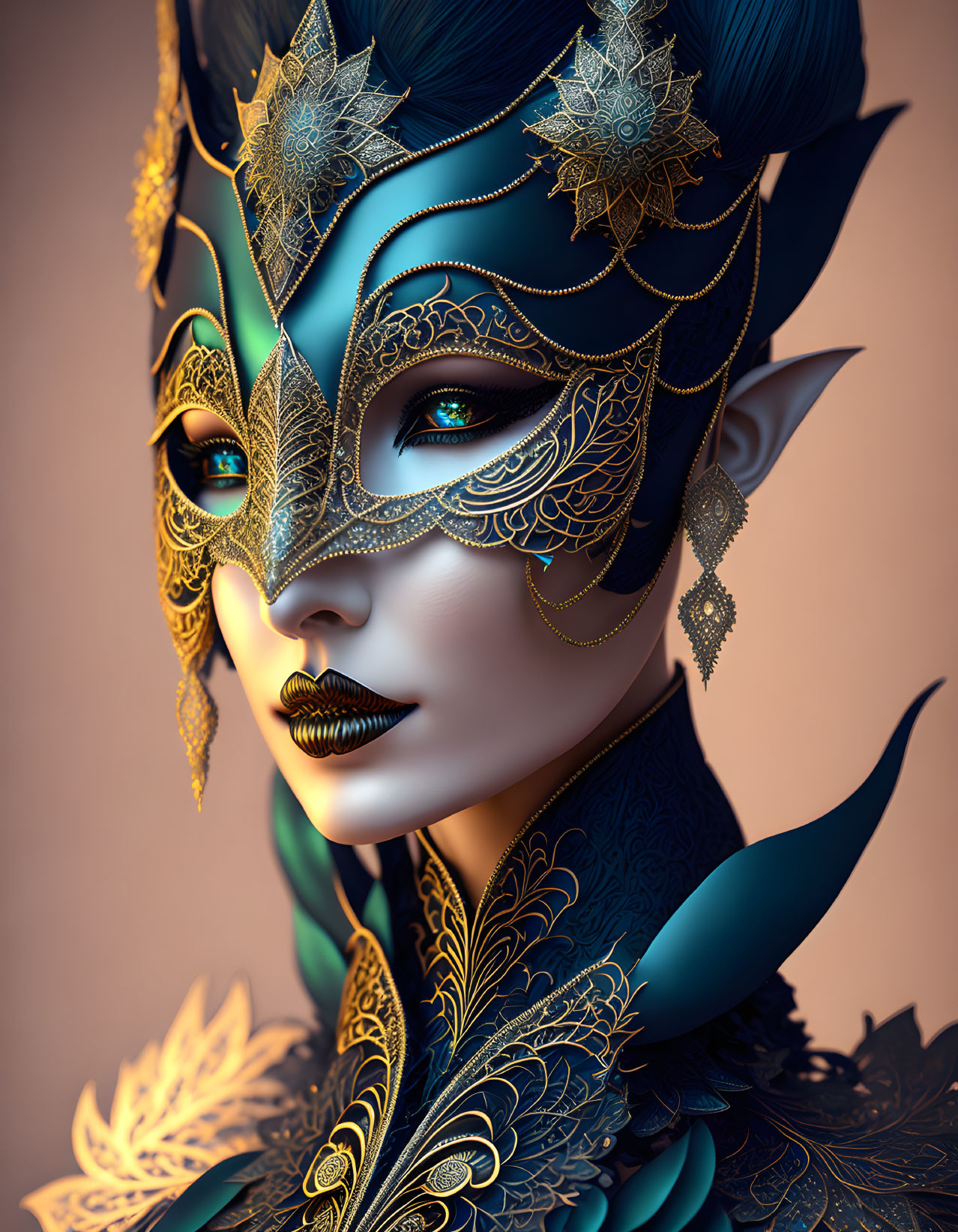 Digital character with golden mask and blue skin, adorned with ornate headpieces