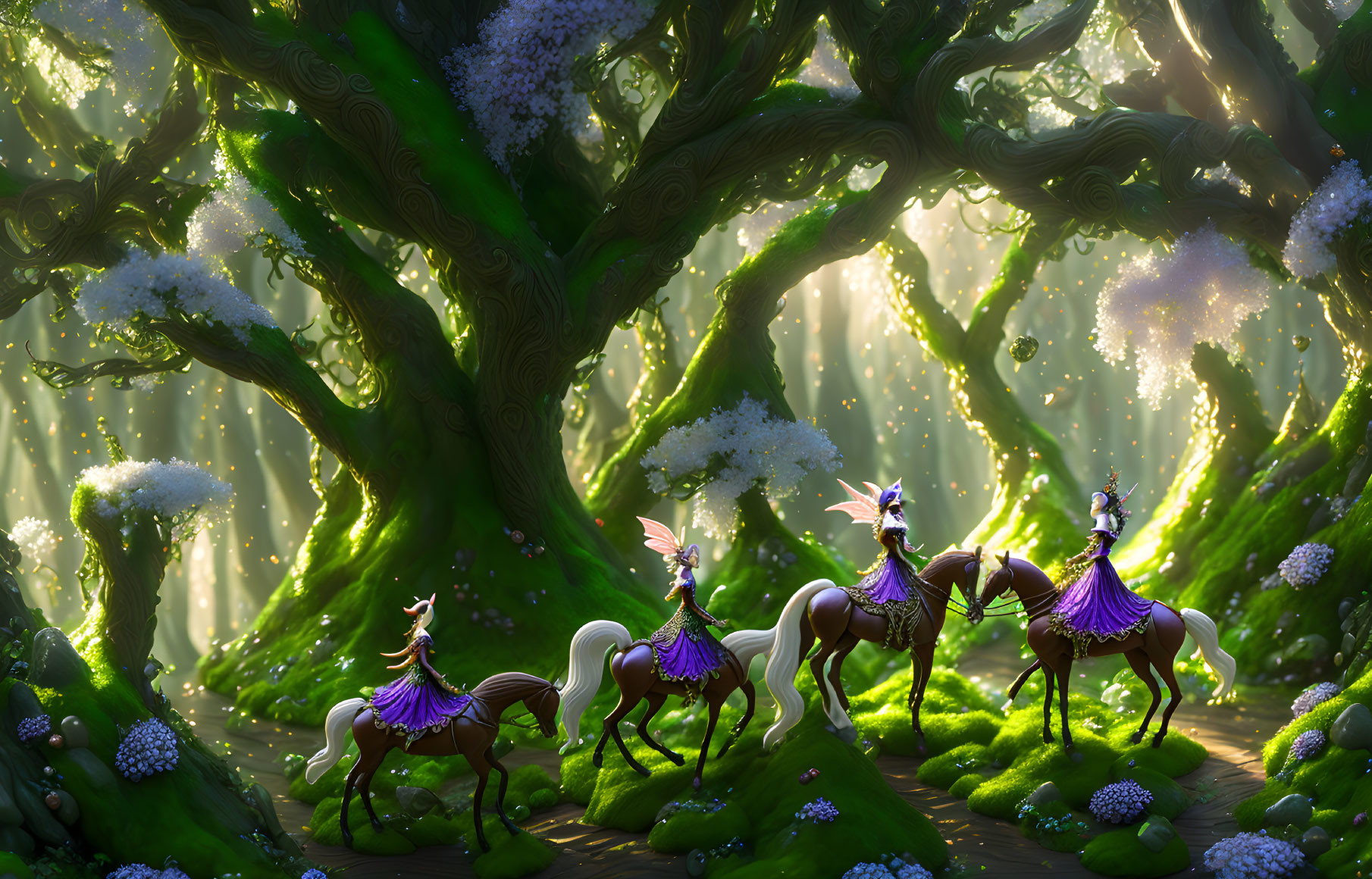 Enchanting forest scene with three riders on horseback amid glowing lights and blooming trees