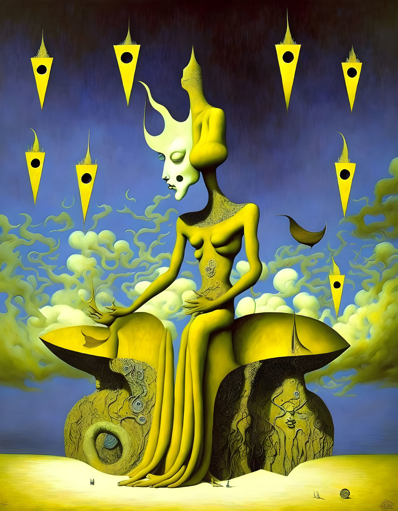 Surreal illustration of yellow humanoid figure with elongated head and mask-like entities on blue sky