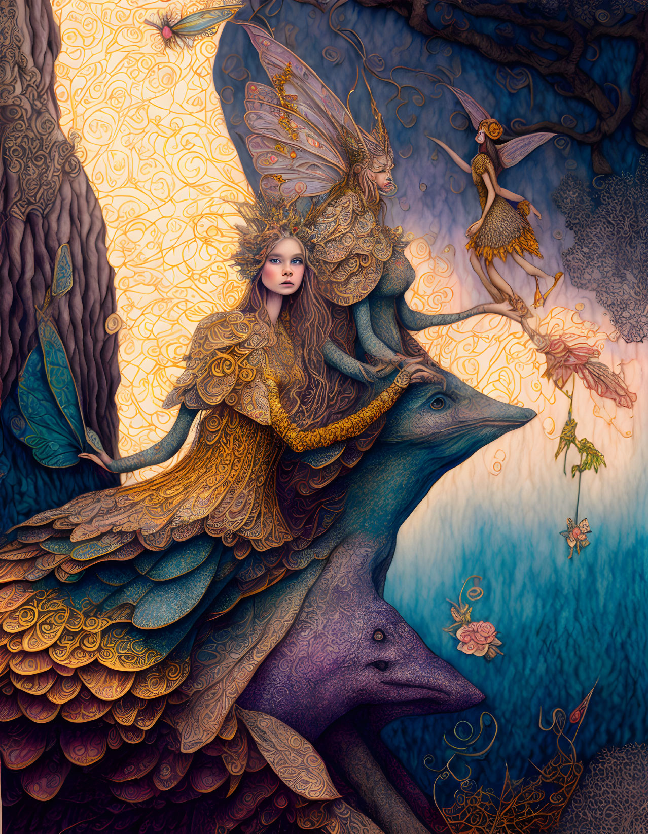 Fantastical image: Woman with golden wings on dolphin against ornate background