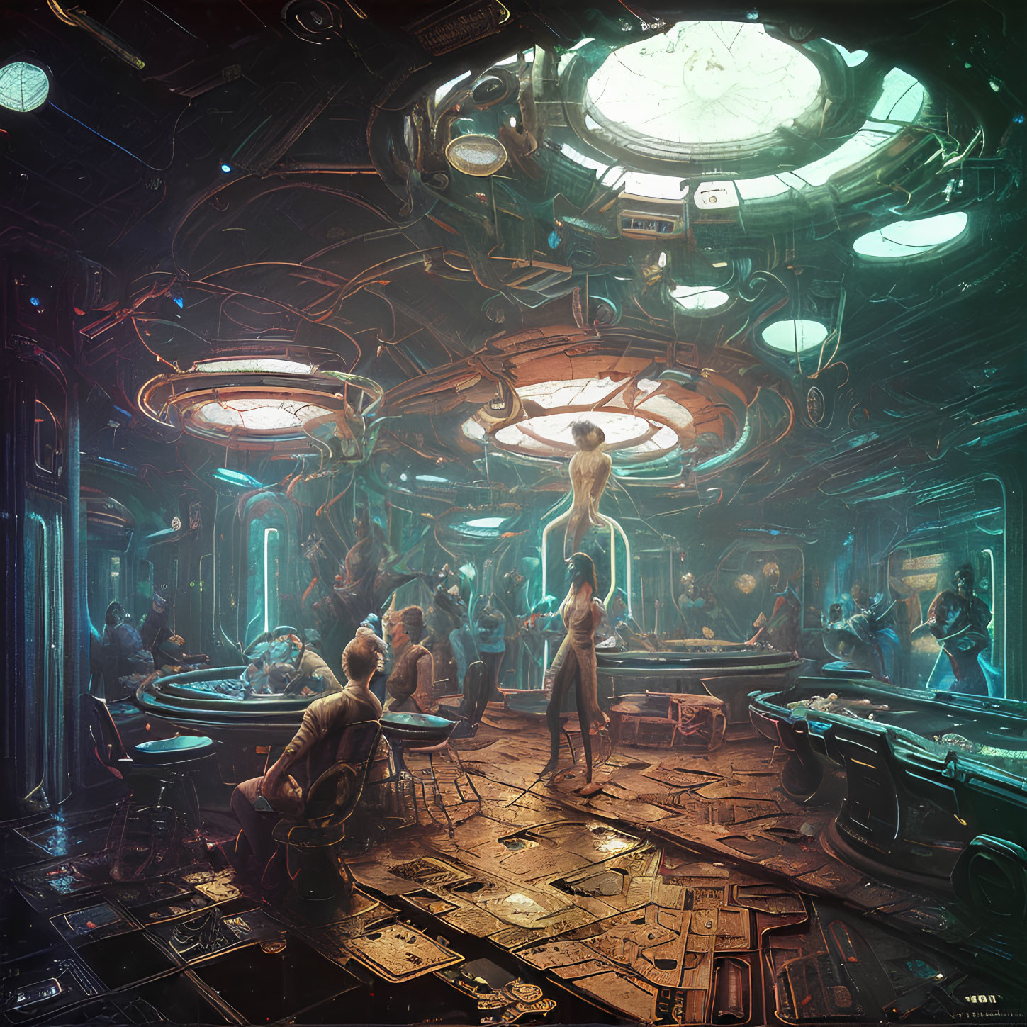 Futuristic bar scene with patrons, central figure levitating, neon lights, and advanced tech