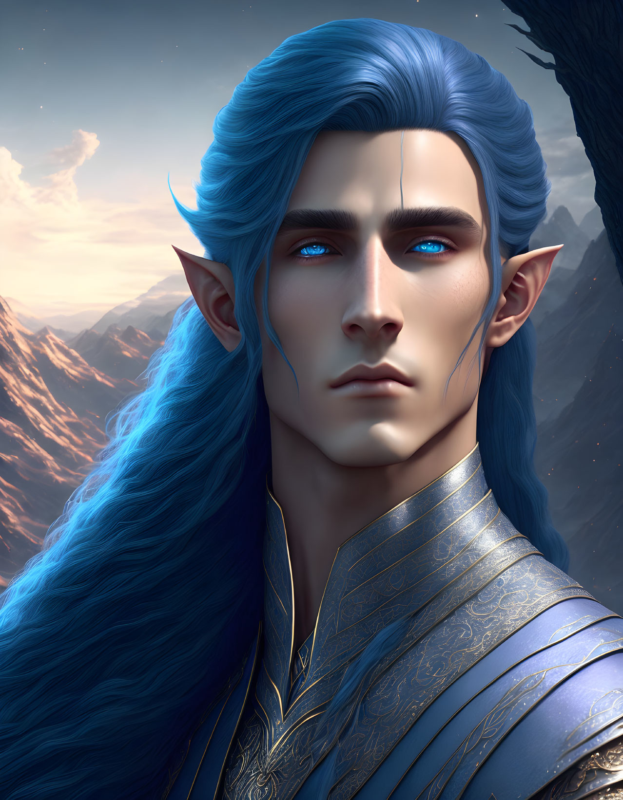 Digital Artwork: Elf with Blue Hair and Intense Gaze Against Mountainous Background