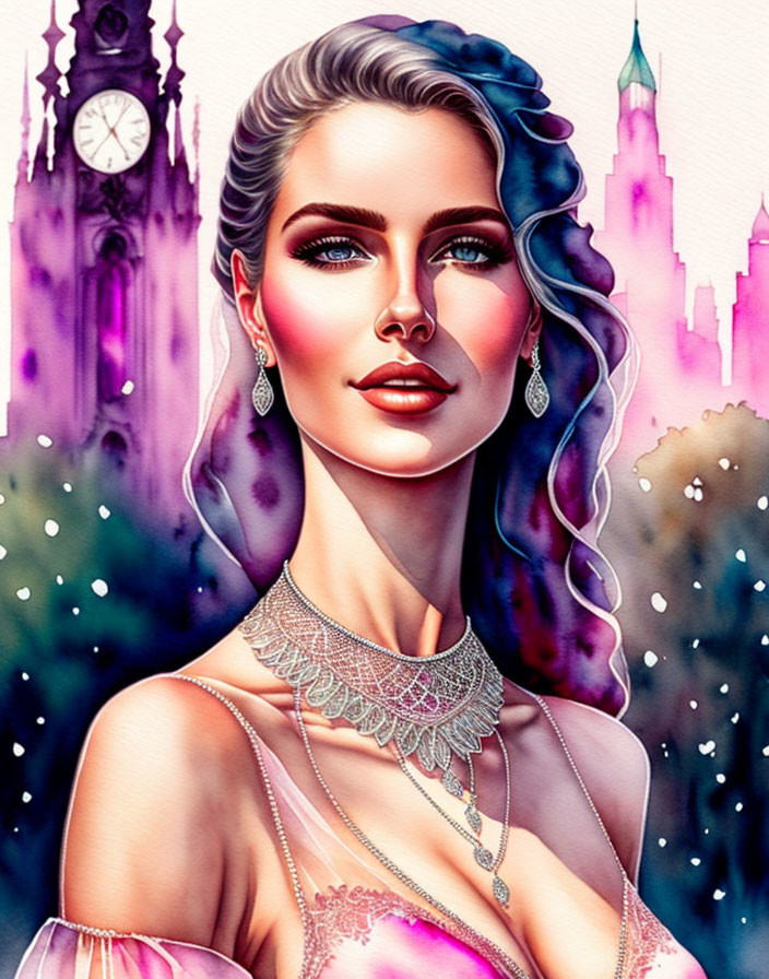 Woman with Blue Hair and Clock Tower Background: Illustration of a woman with earrings and necklace in pink