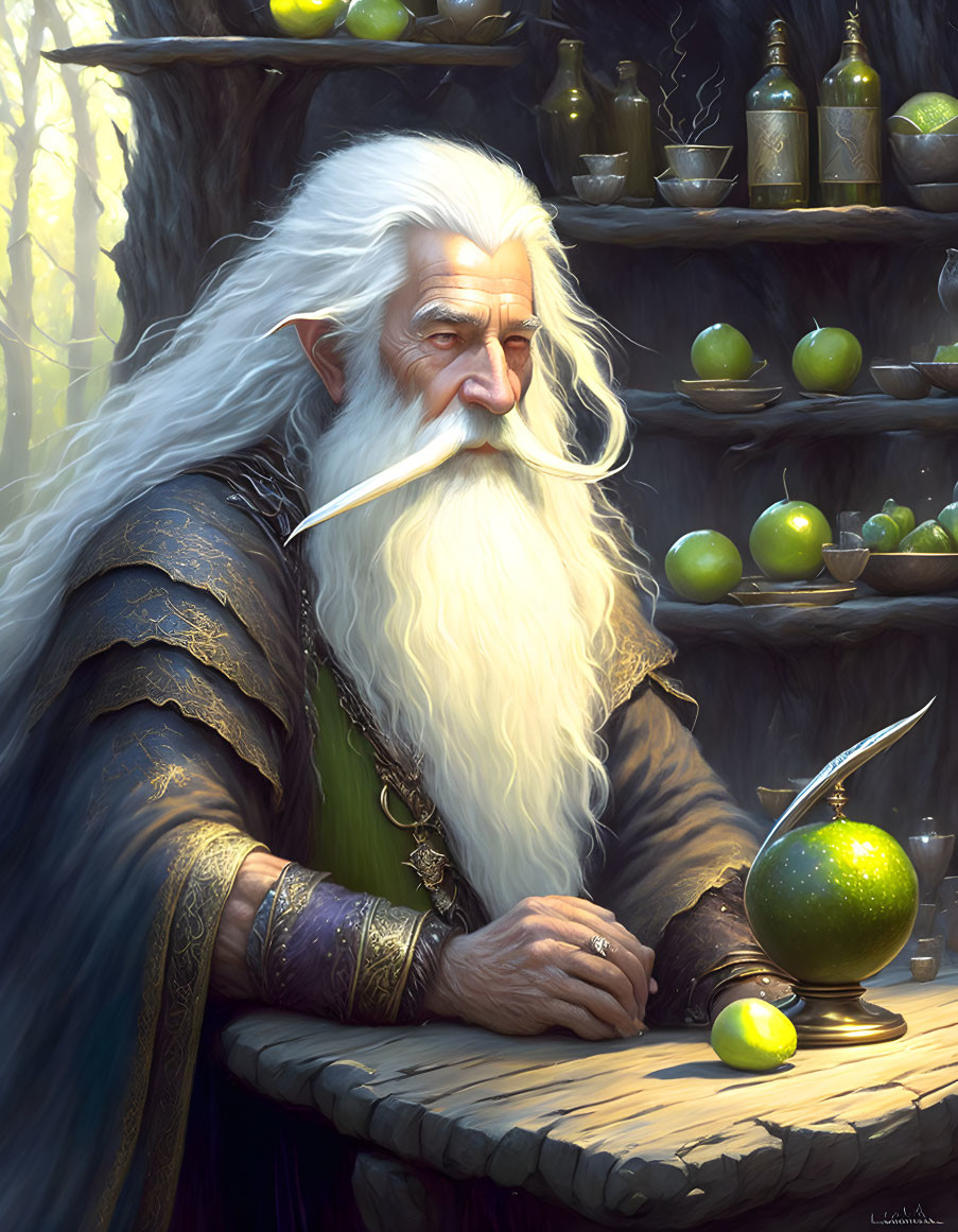 Elderly wizard with white beard in enchanted forest scene