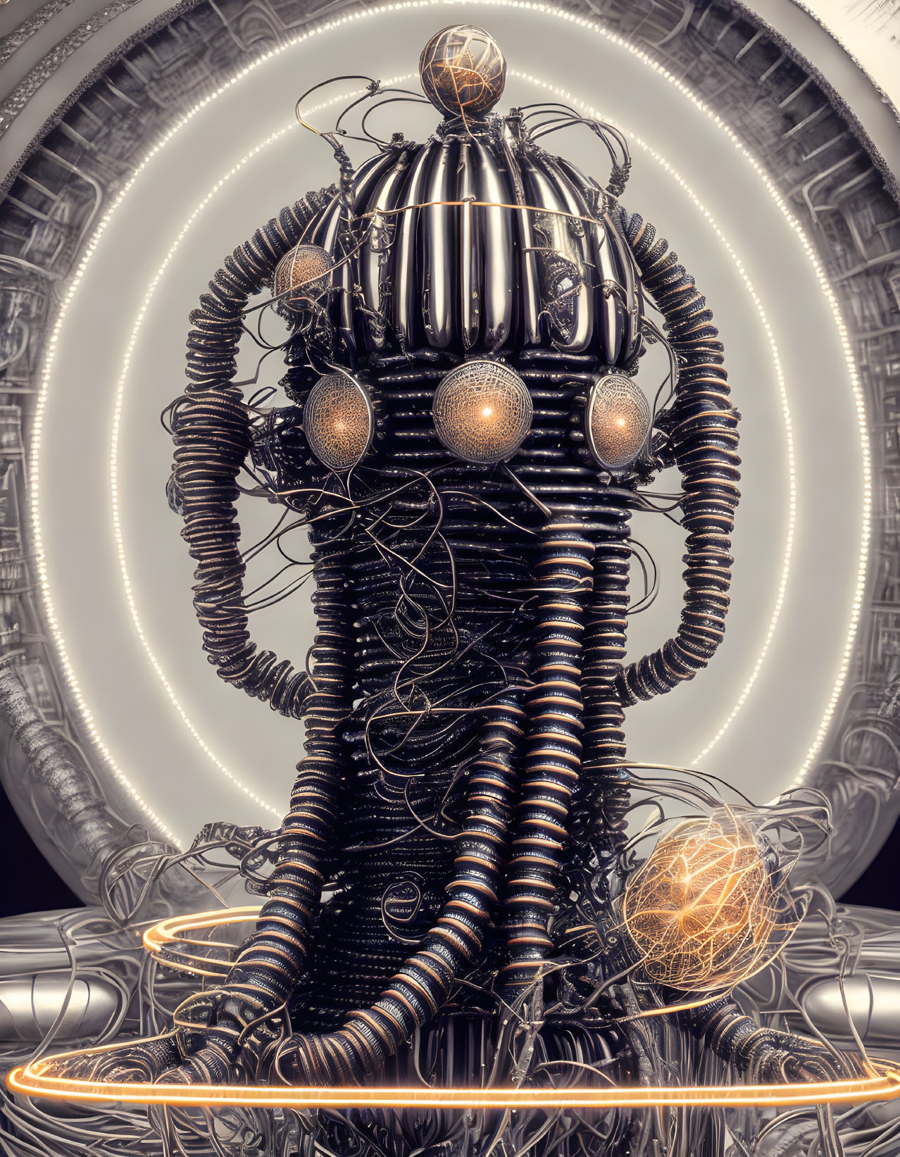 Abstract humanoid metallic sculpture with coiled wires and spherical elements on ornate wheel backdrop.