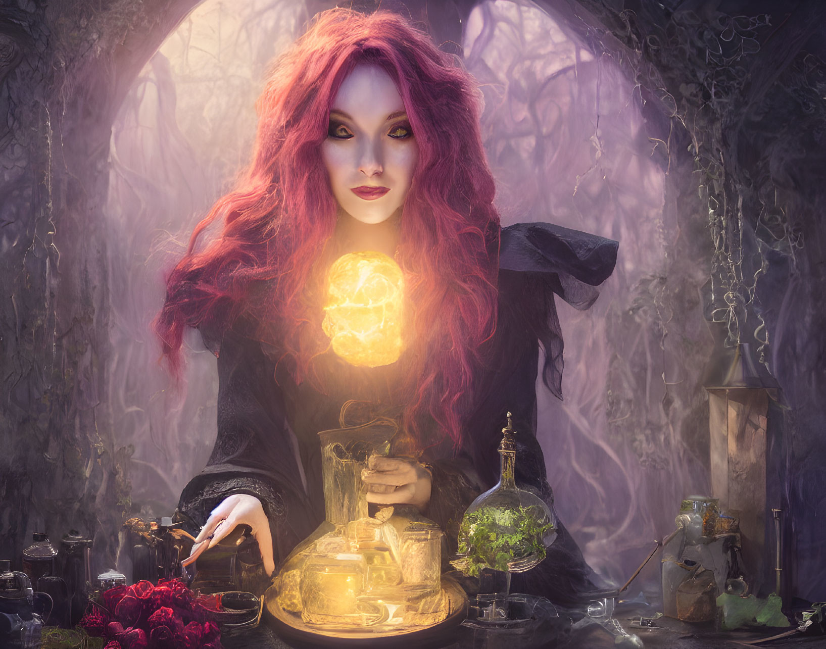 Mystical woman with vibrant red hair conjures glowing orb in enchanted forest