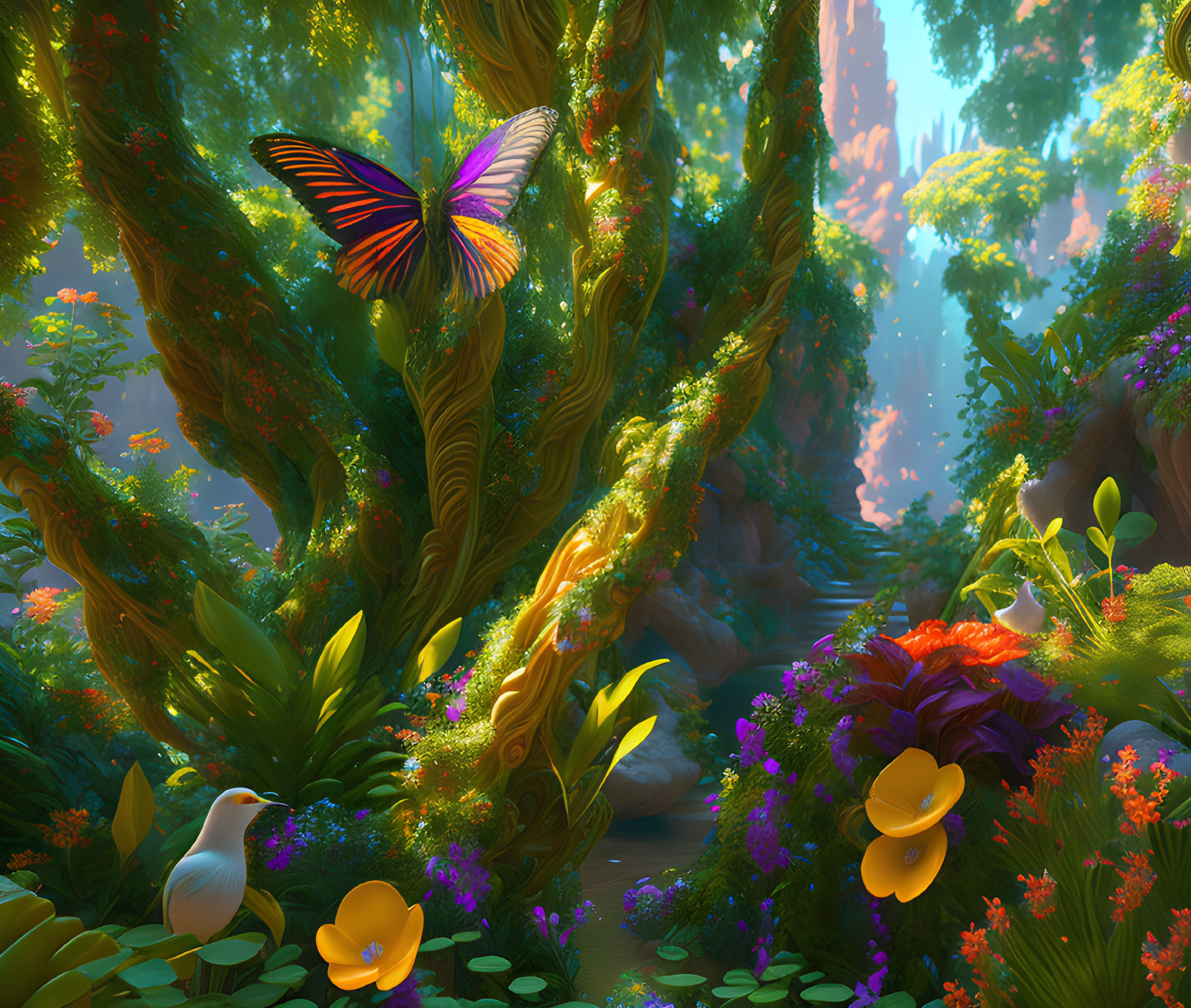 Colorful fantasy forest with lush vegetation, flowers, butterfly, birds, and mystical light.