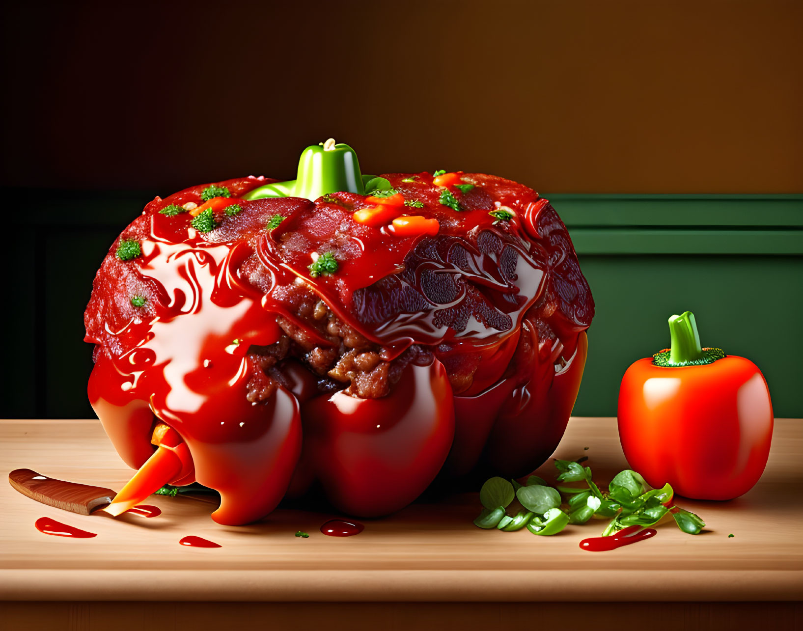 Hyper-realistic image of bell pepper as saucy meatloaf on cutting board