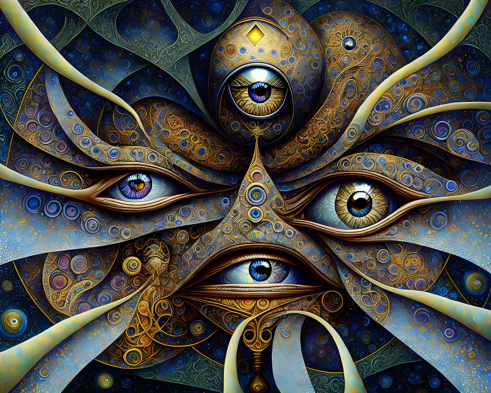 Colorful psychedelic artwork with ornate eyes and intricate patterns in golden and blue hues.