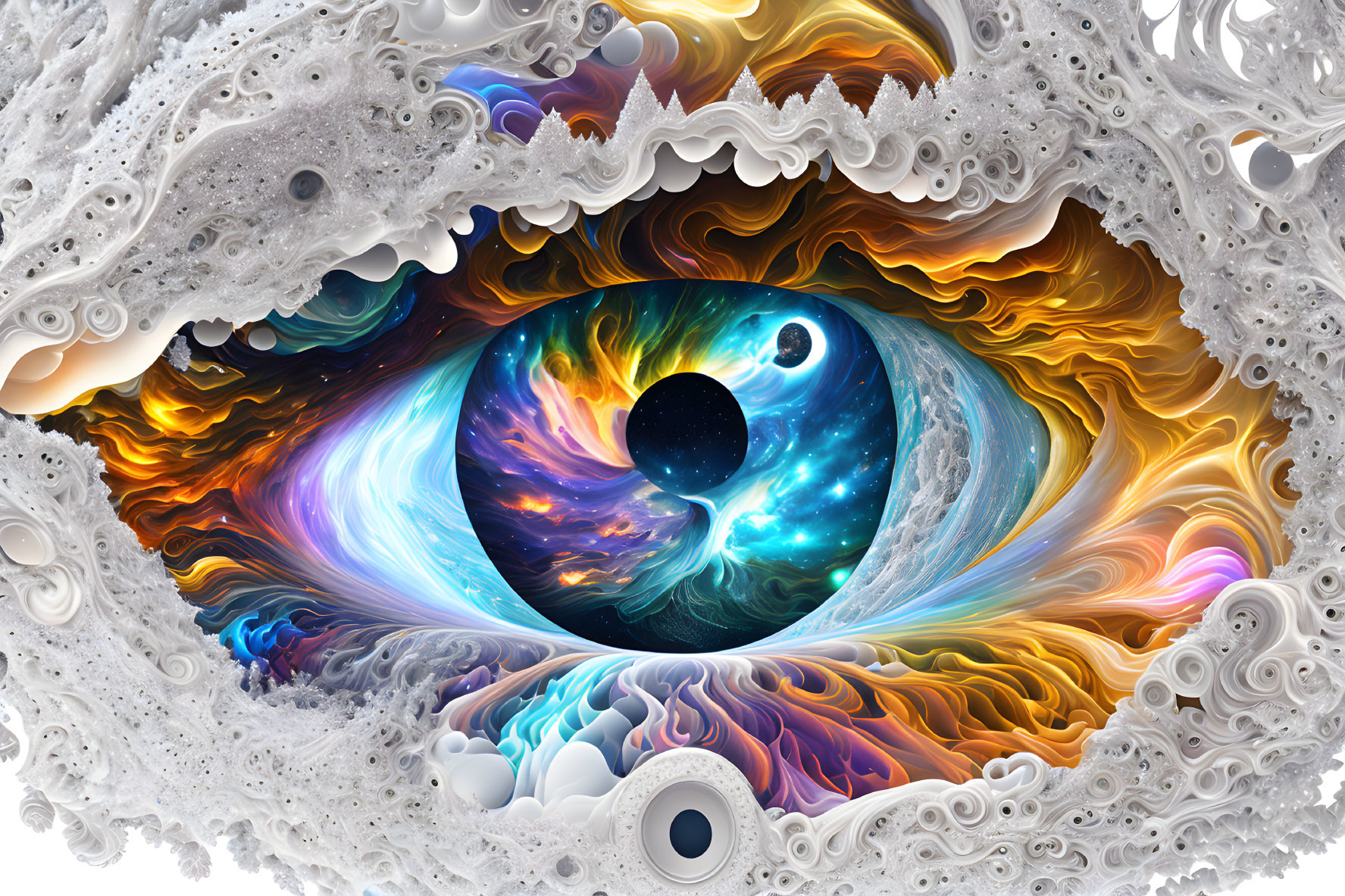 Surreal digital artwork featuring cosmic eye and vibrant fractal patterns