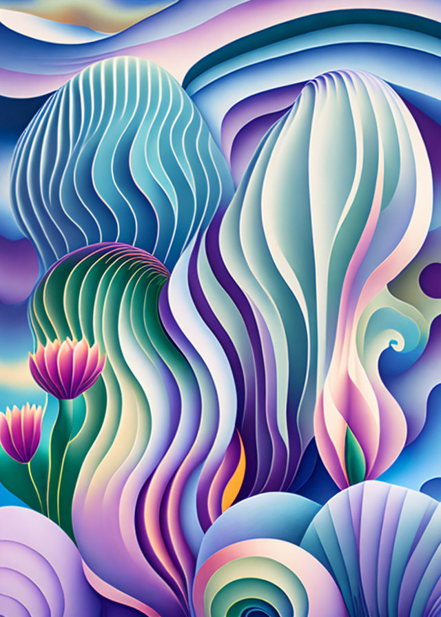 Blue and Purple Abstract Art with Oceanic and Floral Elements