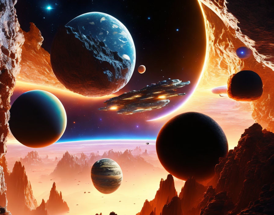 Colorful sci-fi landscape with planets, moons, spaceship, and sun in starry sky