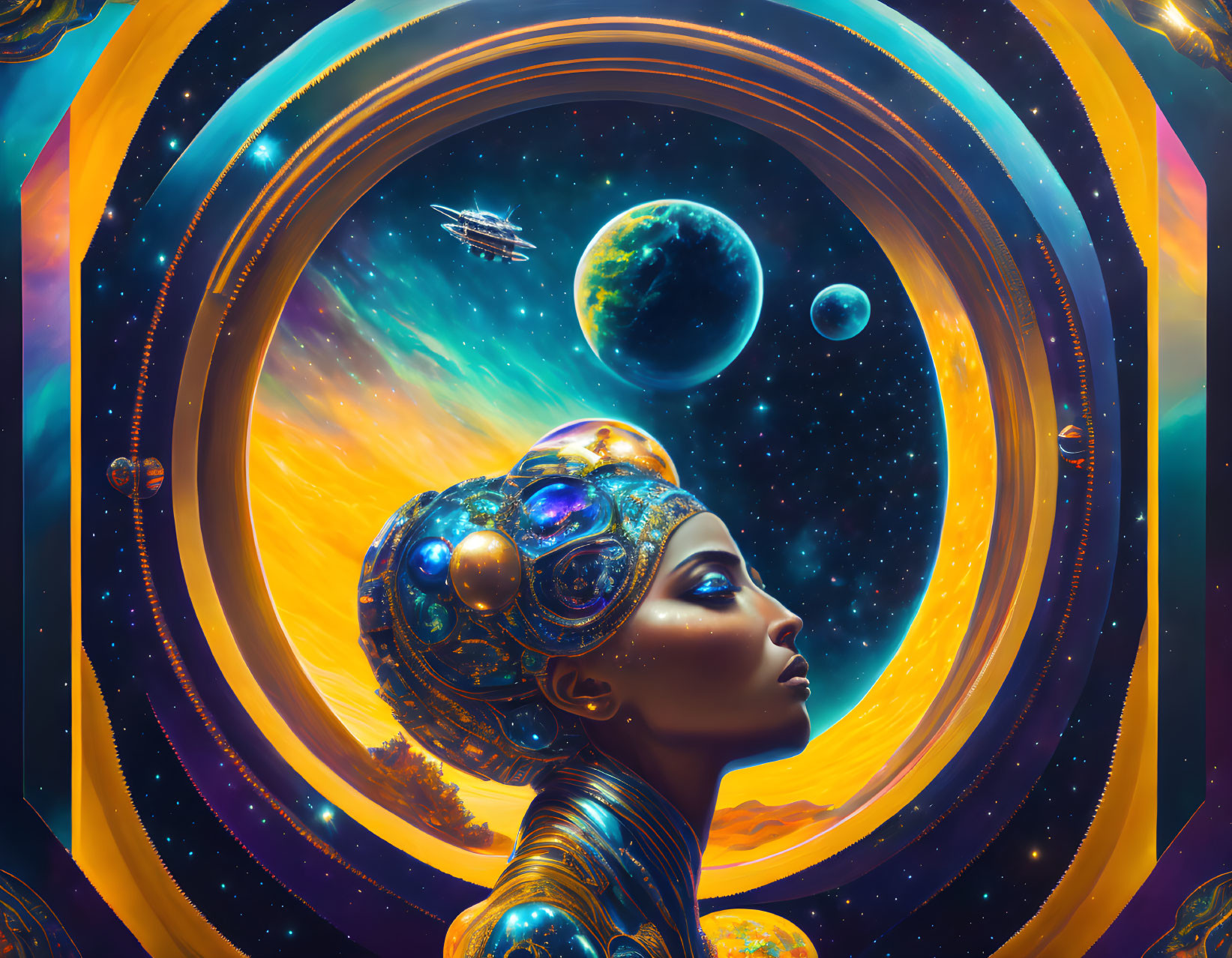 Colorful artwork of a woman in cosmic headdress observing space scene