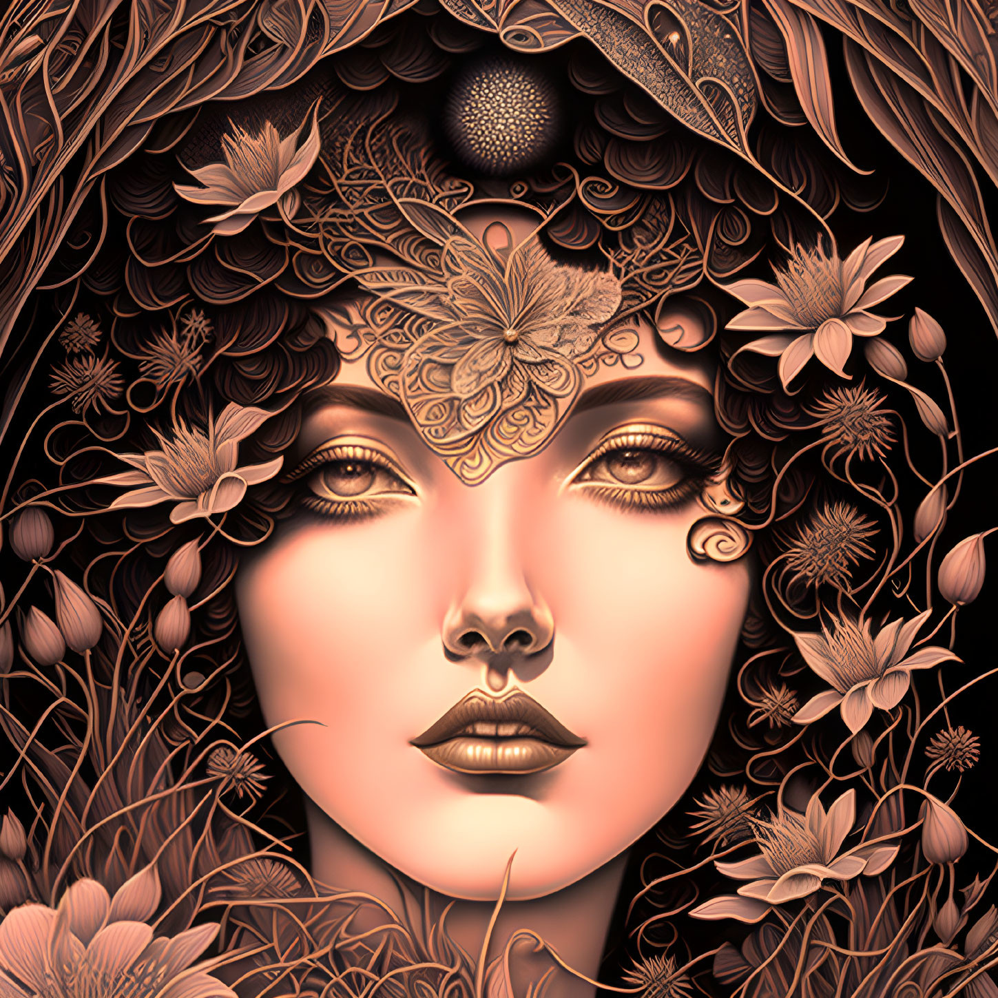 Detailed Woman's Face Artwork with Ornate Floral Patterns in Gold and Black