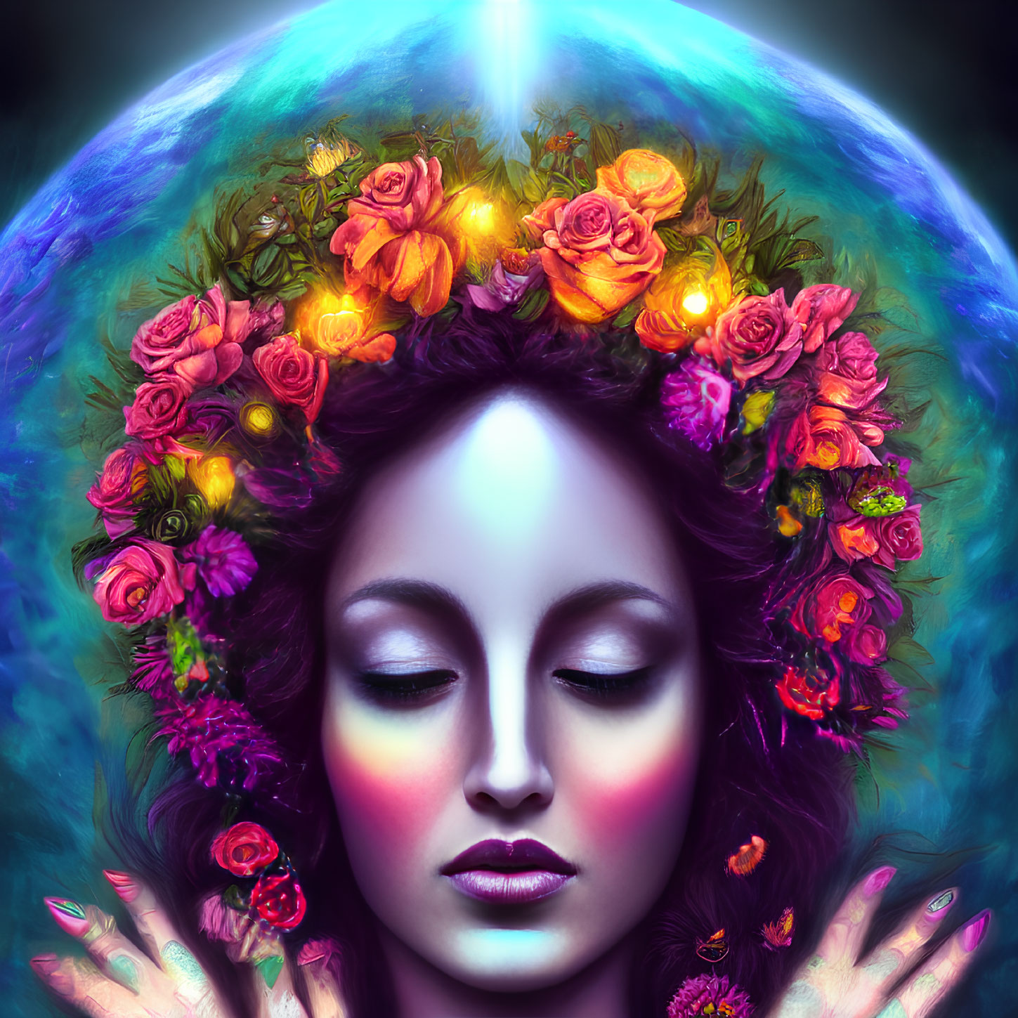 Colorful digital artwork: Woman with closed eyes and floral crown