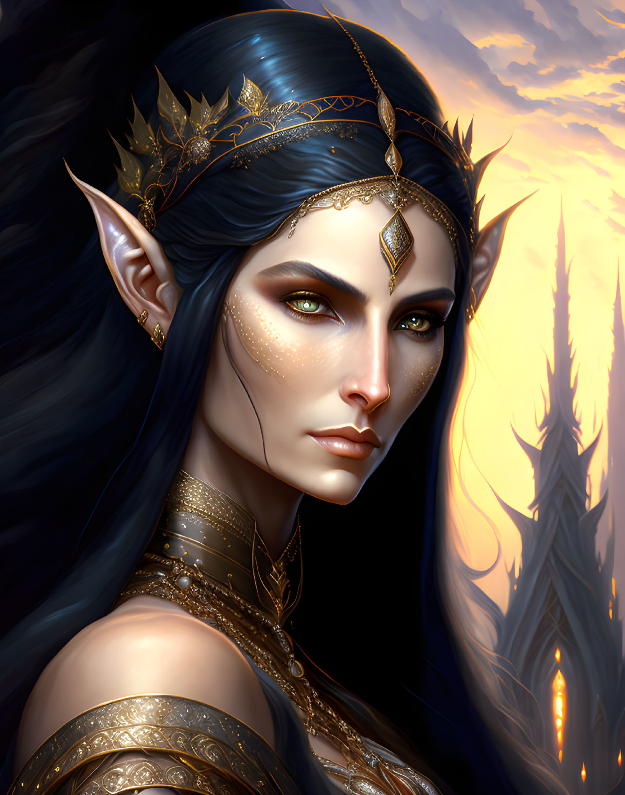 Golden-eyed elf adorned in gold jewelry and crown, with twilight castle backdrop.