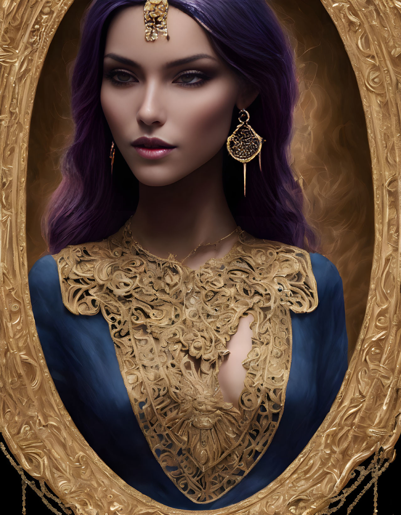 Portrait of woman with purple hair, gold jewelry, blue garment, and ornate gold neckline in golden