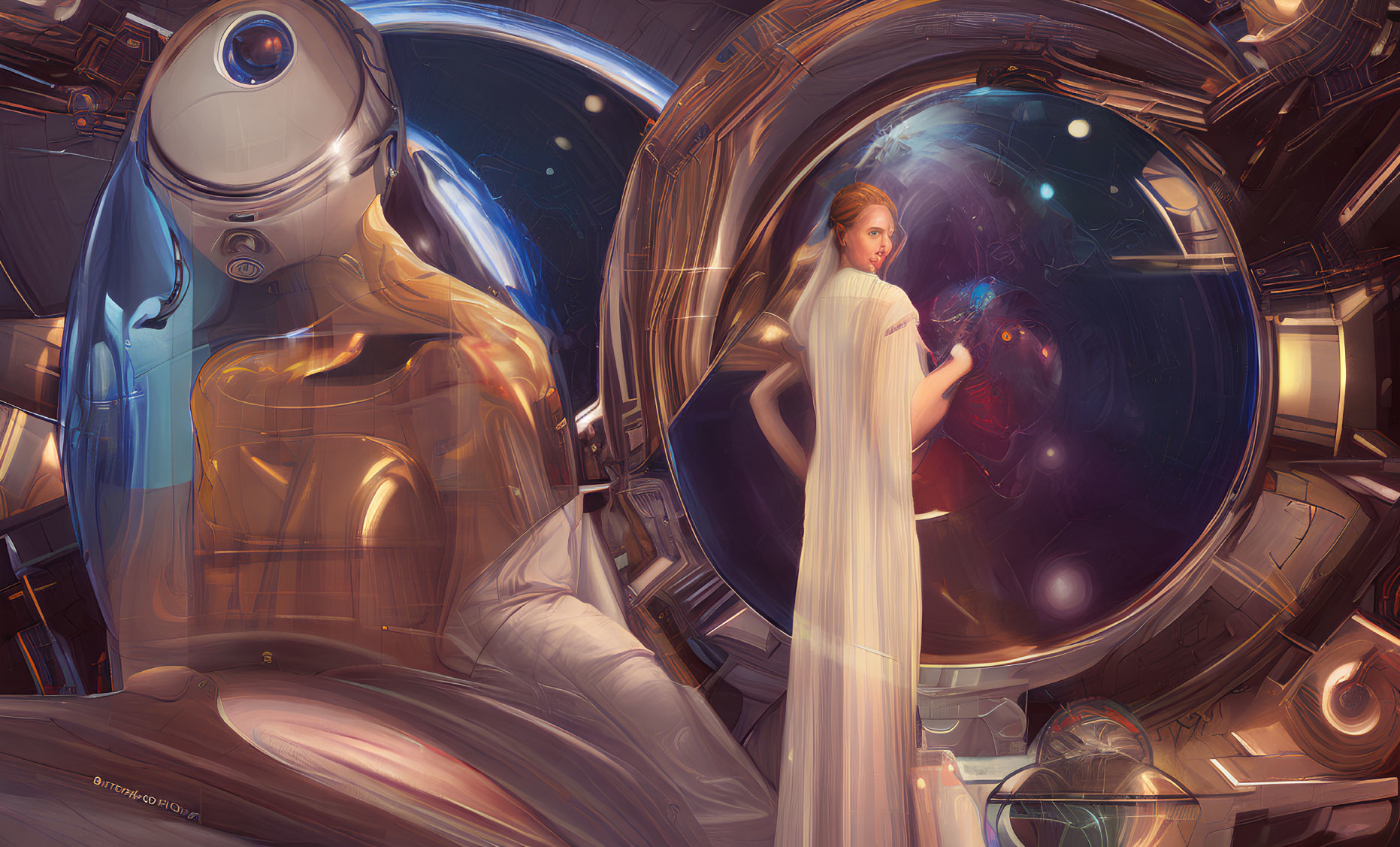 Futuristic scene: Woman in white dress with robot in reflective corridor.