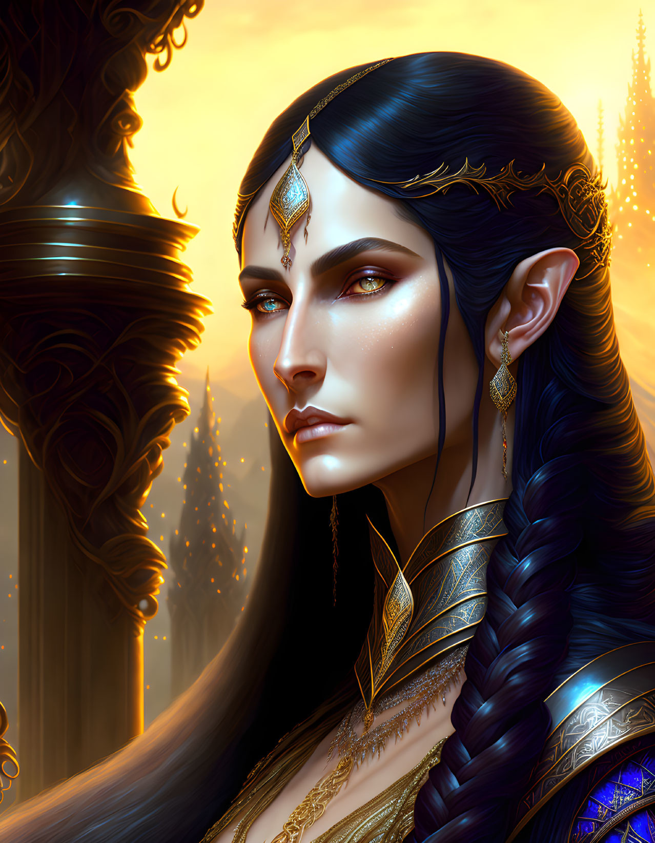 Elven character illustration with sharp features and golden accessories on golden backdrop