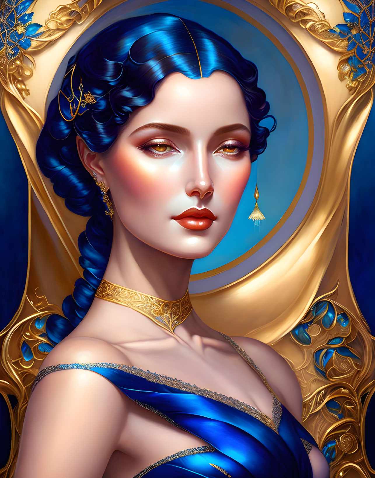 Digital painting: Elegant woman with blue hair and golden jewelry in blue dress on golden abstract background