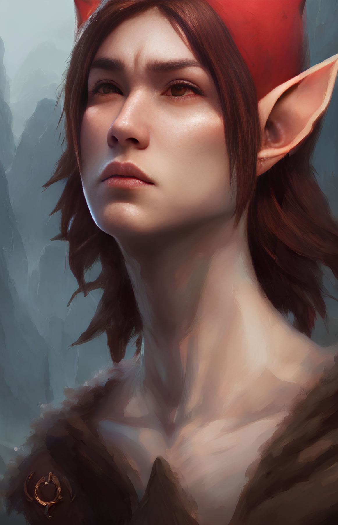 Detailed portrait of a pensive fantasy character with pointed ears and brunette hair in fur garment.