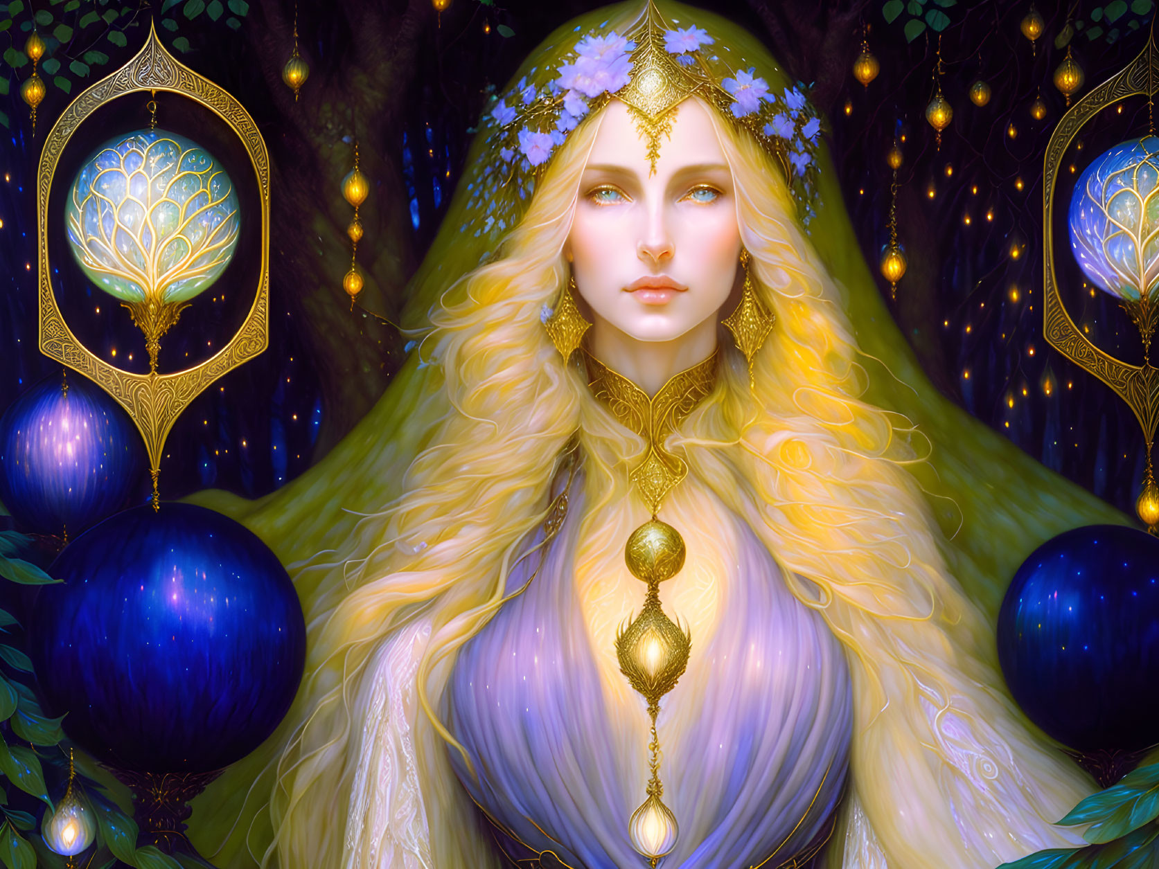 Surreal illustration: woman with golden hair and star crown in mystical forest.