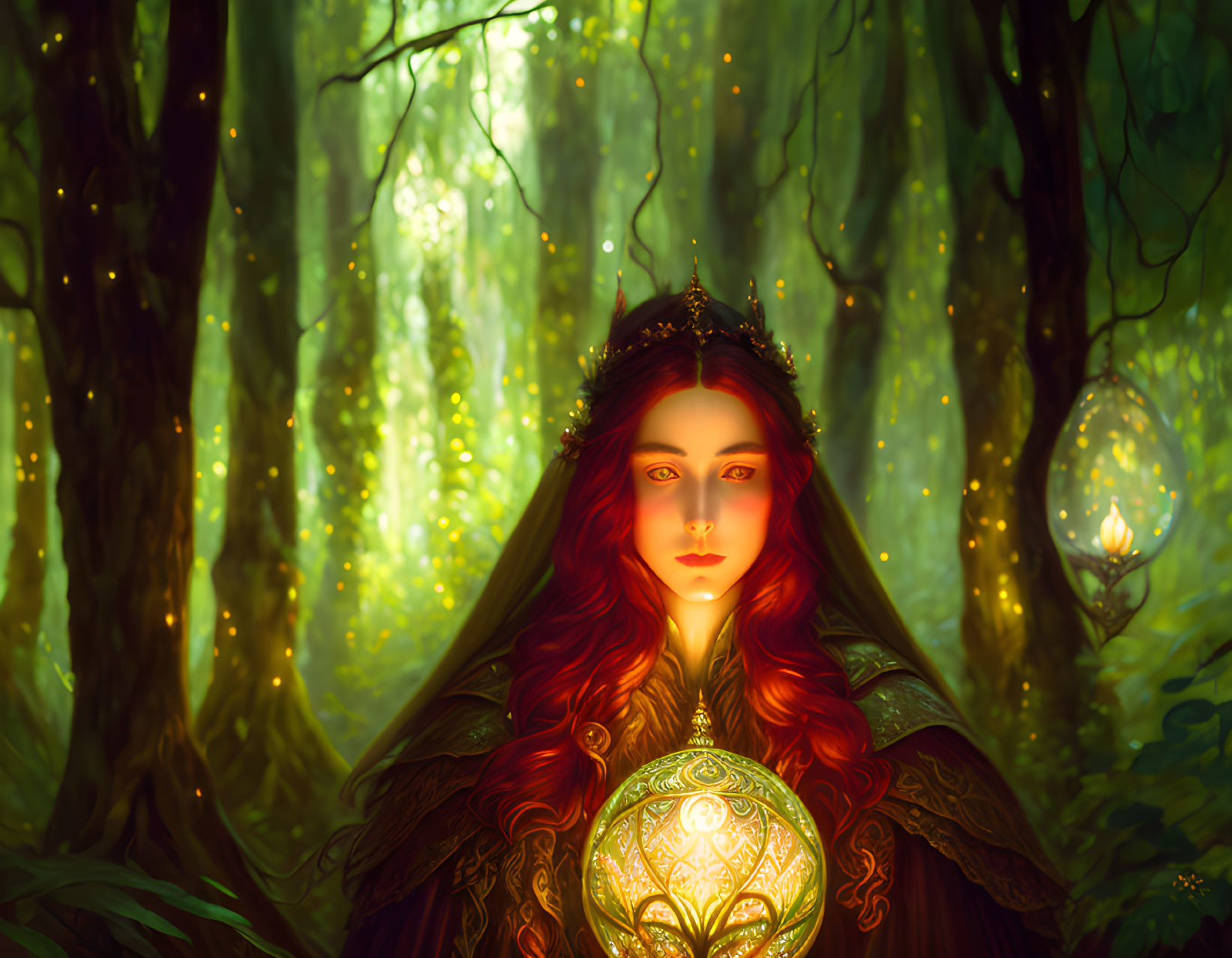 Mystical woman with glowing orb in enchanting forest scene